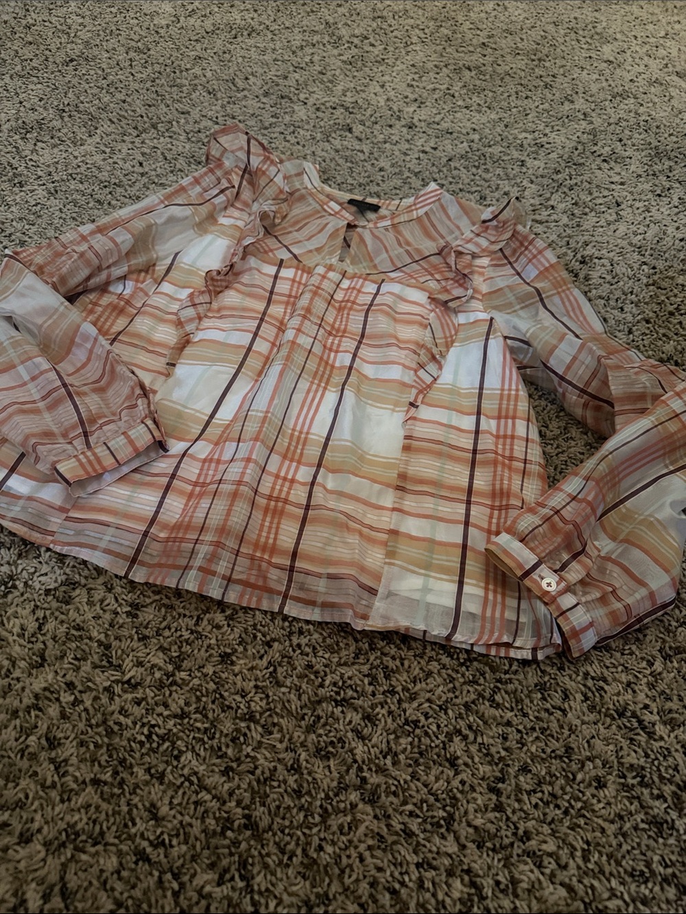 Current Air Peach Pink and Tan Striped Ruffle Top